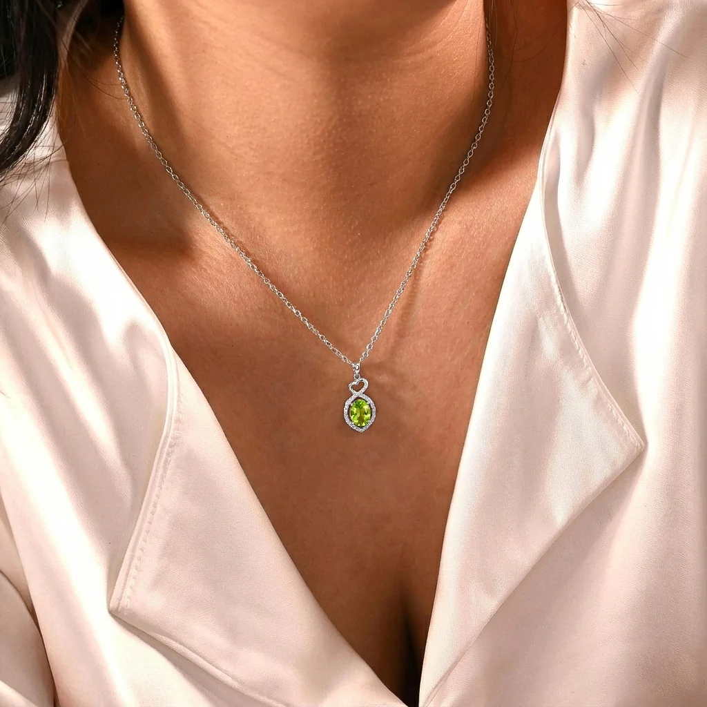 Peridot Oval Infinity Twist Heart Pendant Necklace in 925 Sterling Silver 1.2ct - Image 7