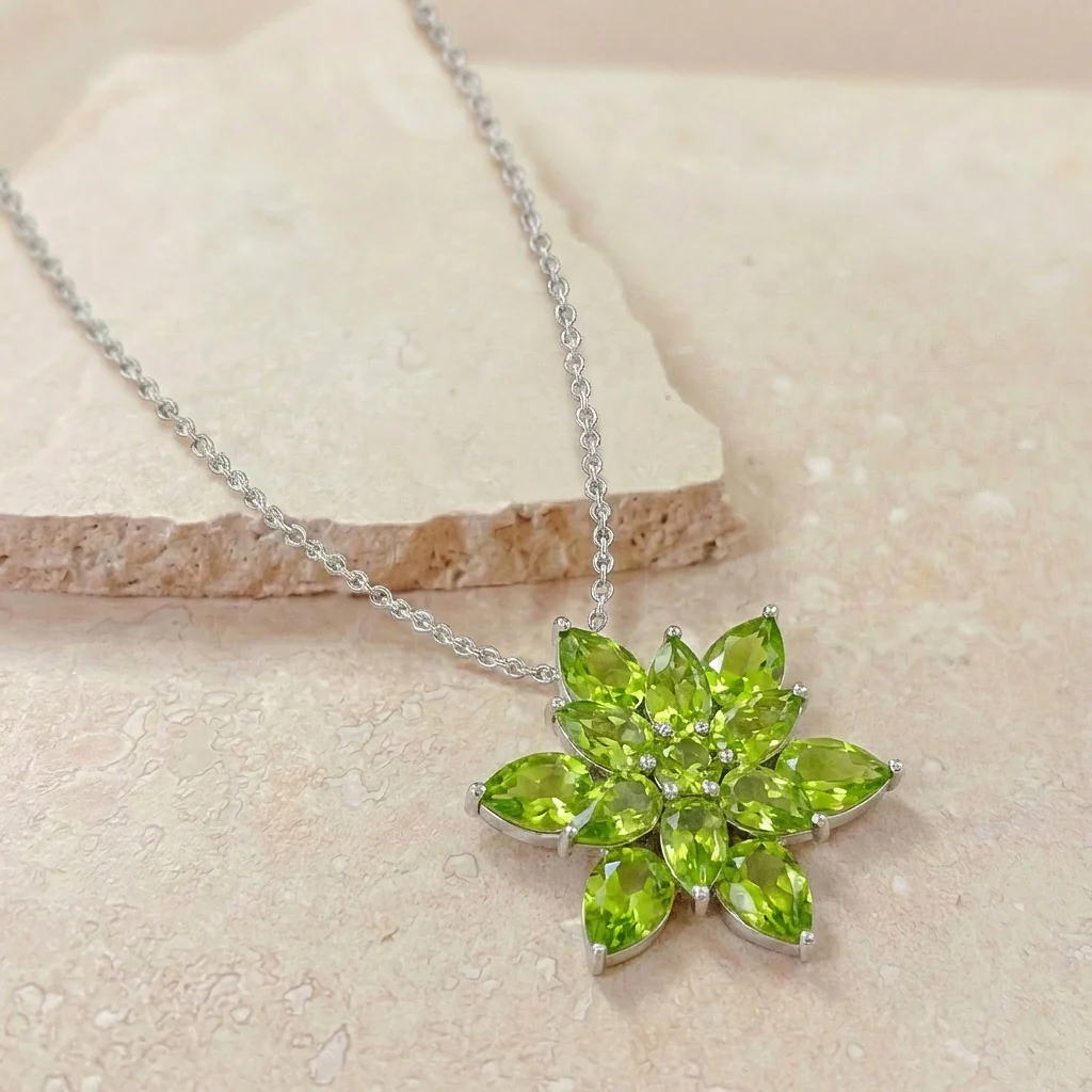 Peridot Pear Floral Pendant Necklace in 925 Sterling Silver 5.70ct - Image 7