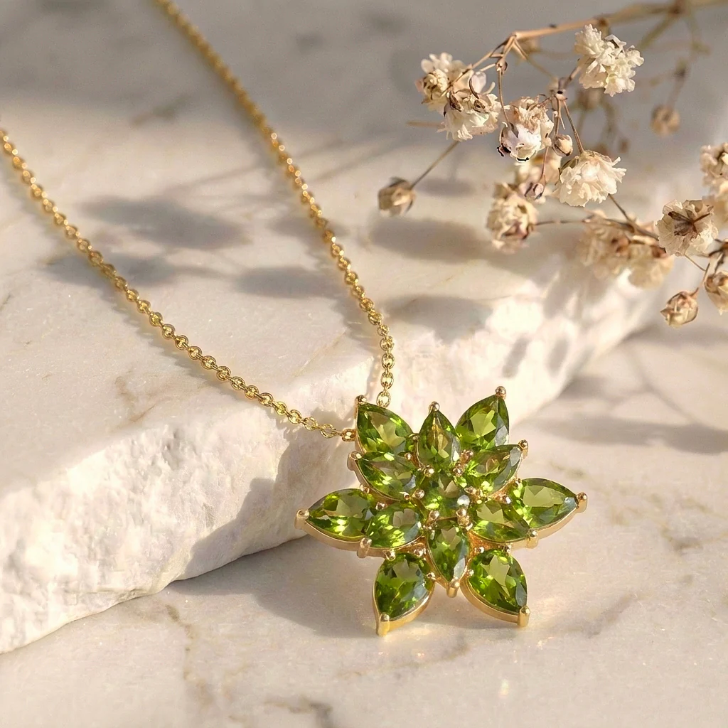 Peridot Pear Floral Pendant Necklace in 925 Sterling Silver 5.70ct - Image 9