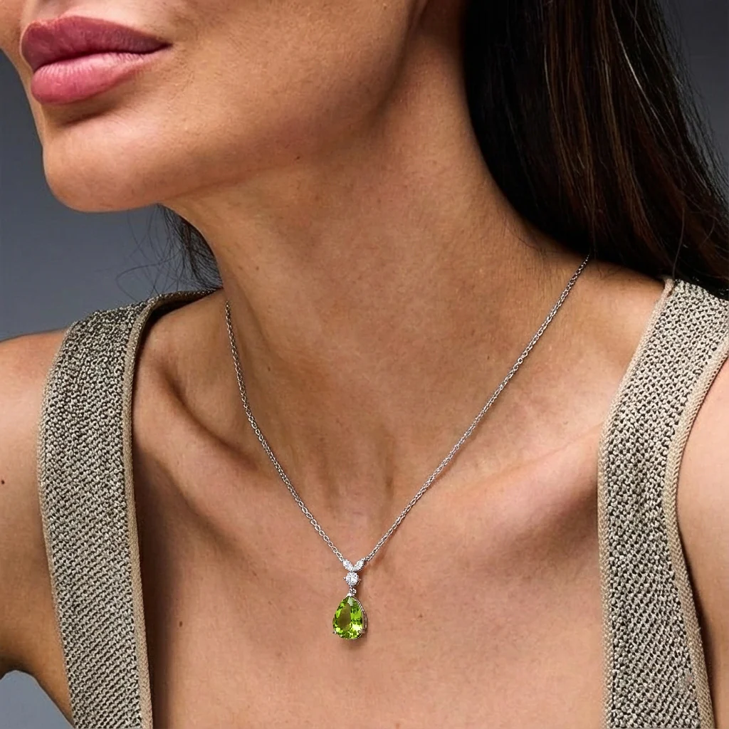 Peridot Pear Teardrop Pendant Necklace in 925 Sterling Silver 1.7ct - Image 7