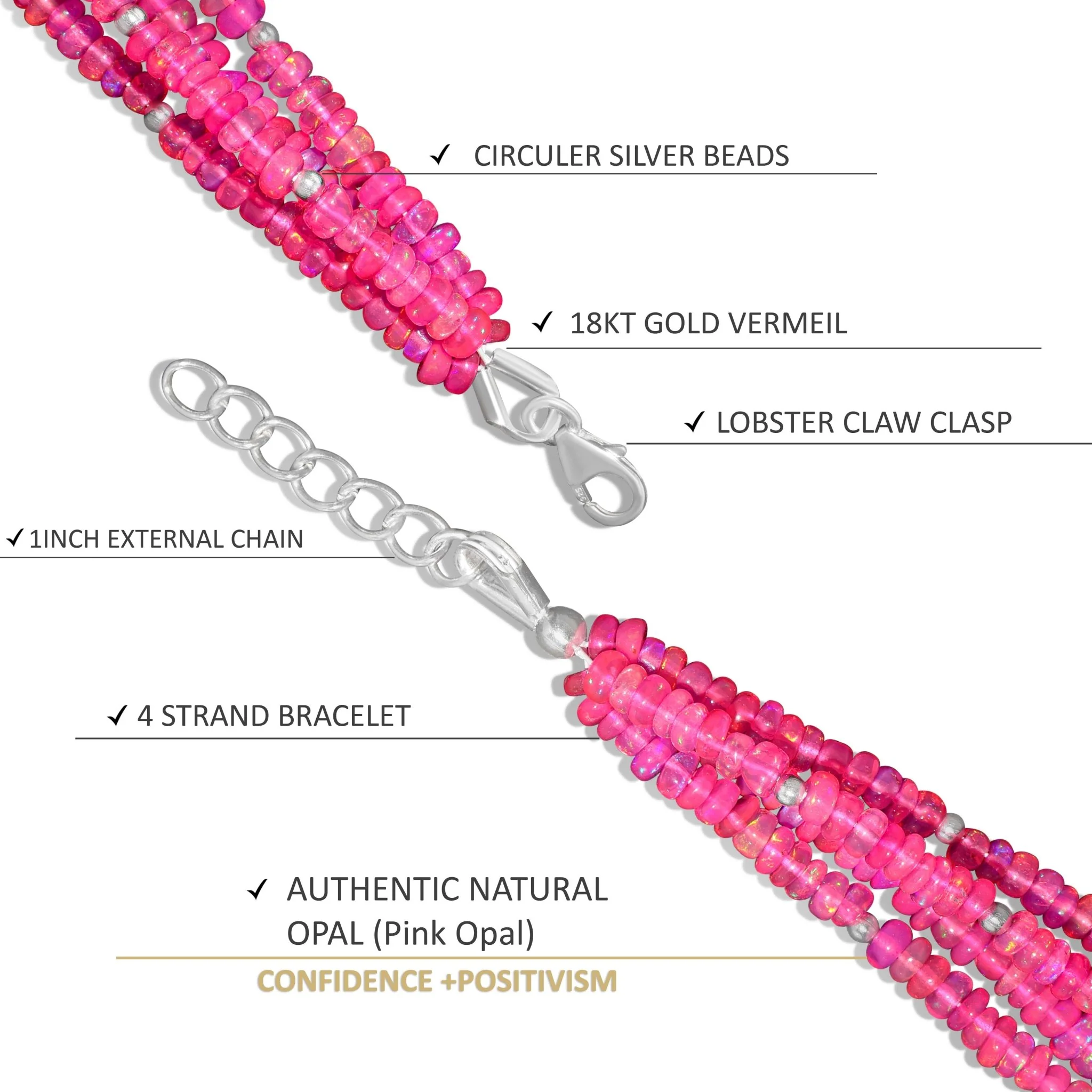 Pink Opal Beads Four Strand Handmade Bracelet - Image 4
