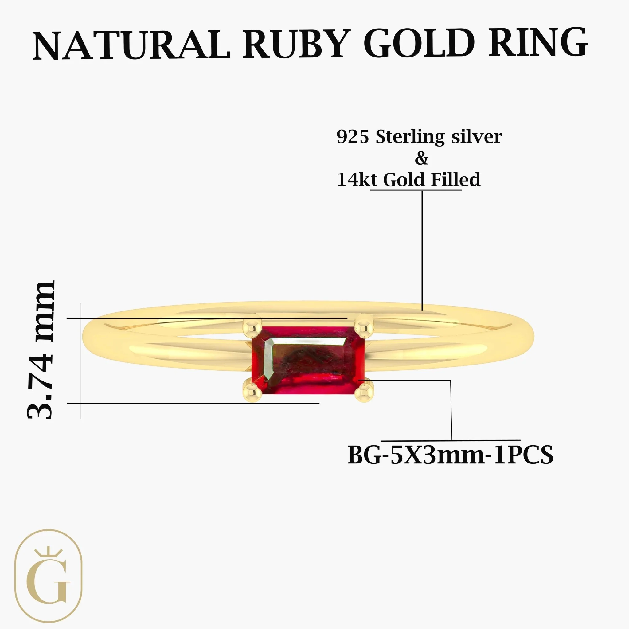 Red Ruby Baguette Gemstone Minimalist Ring - Image 5