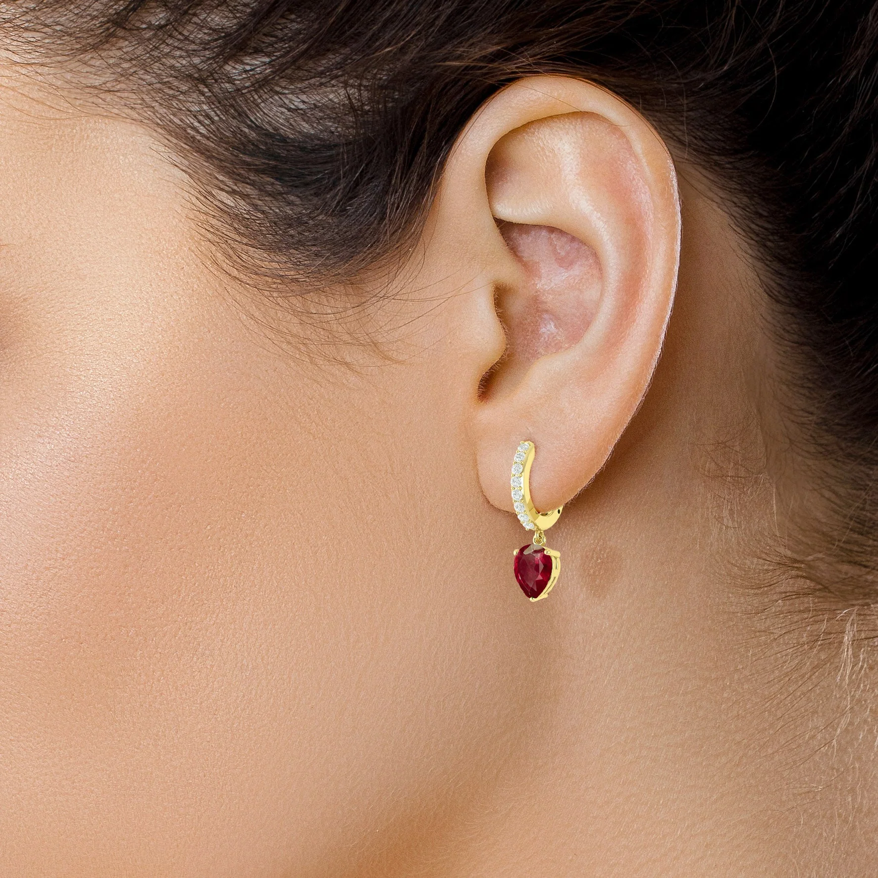 Red Ruby Pear Drop Hoop Earrings - Image 3