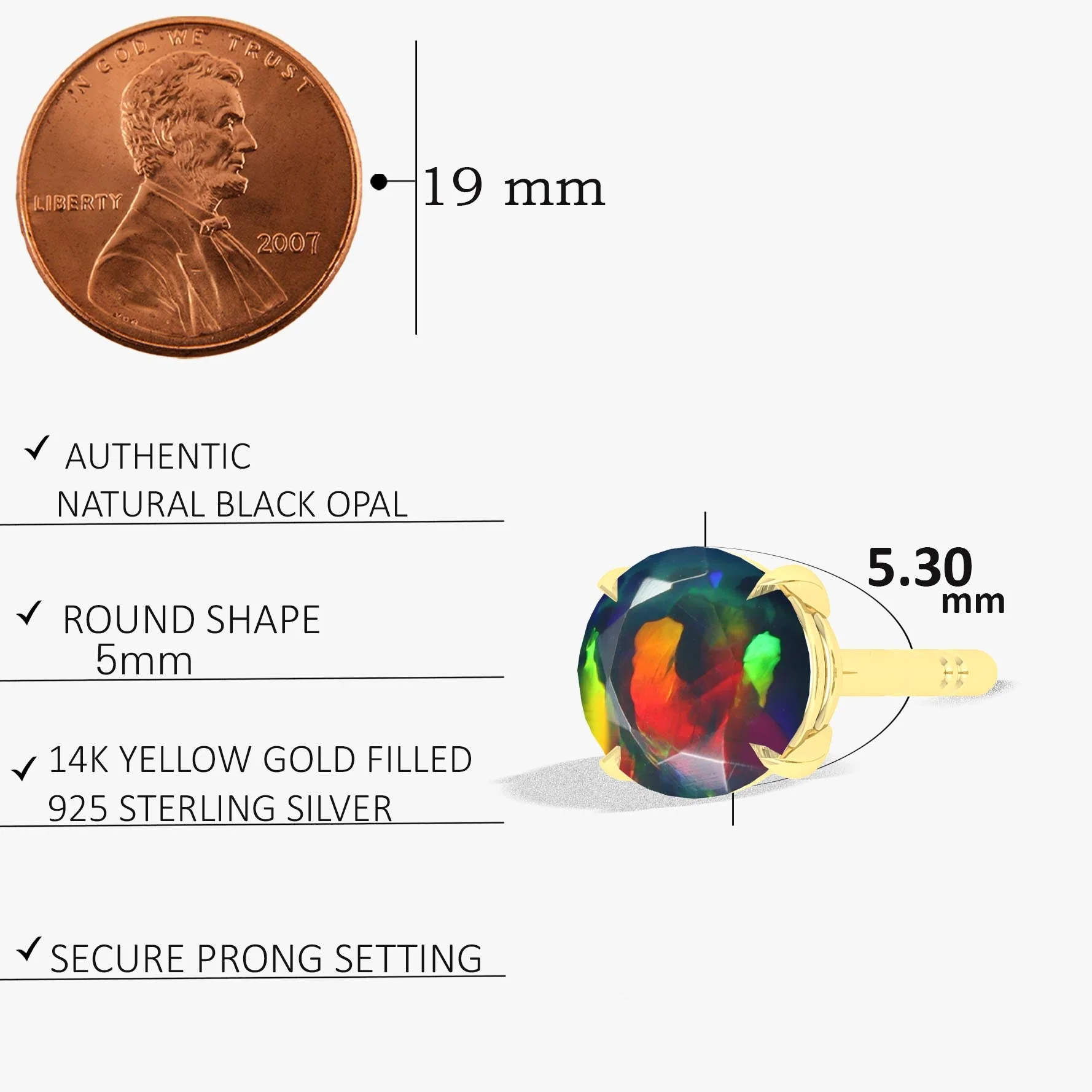 Round Black Opal Gemstone Simple Stud Earring - Image 4