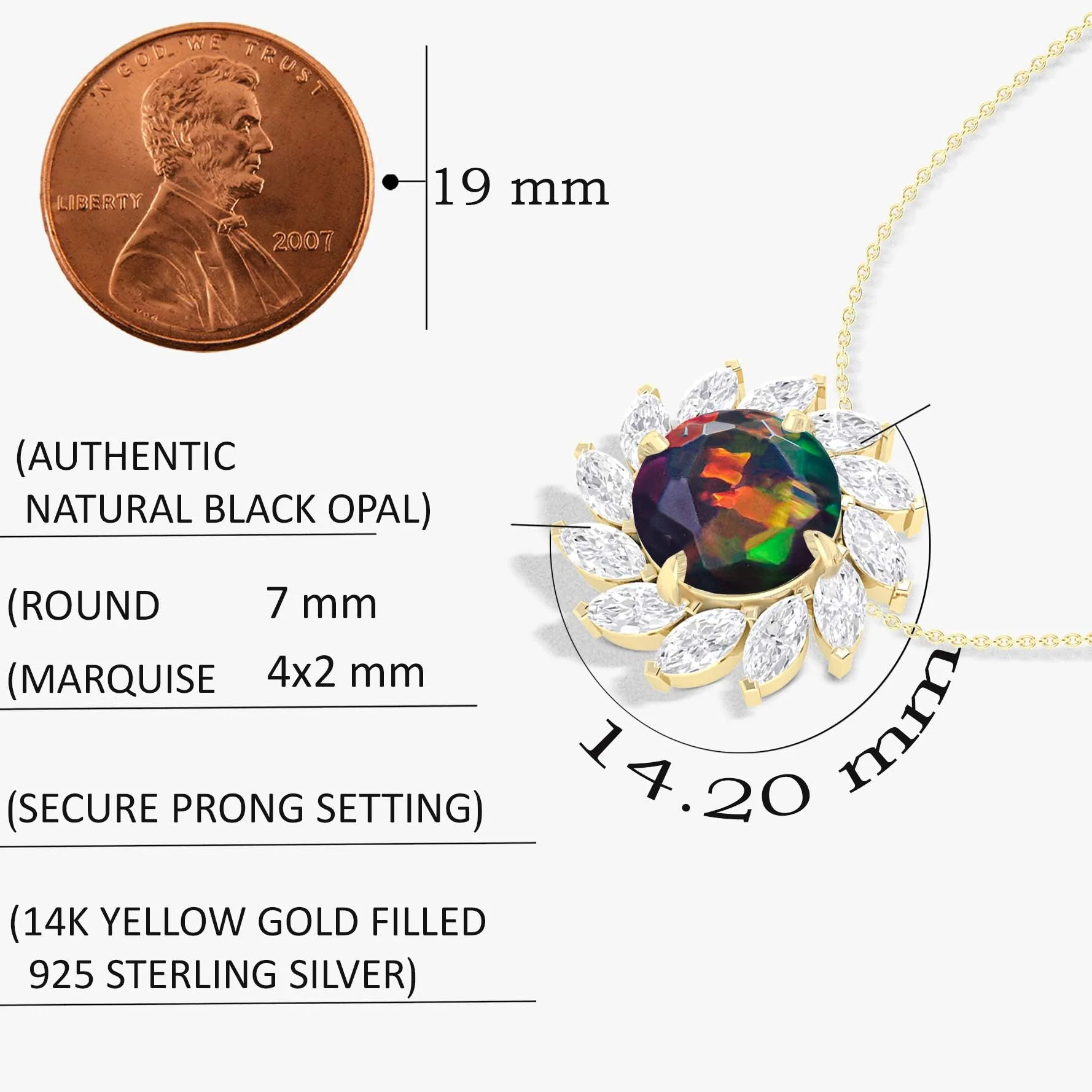 Sunflower Style Charm Pendant Necklace with Natural Black Opal and White Zircon - Image 5