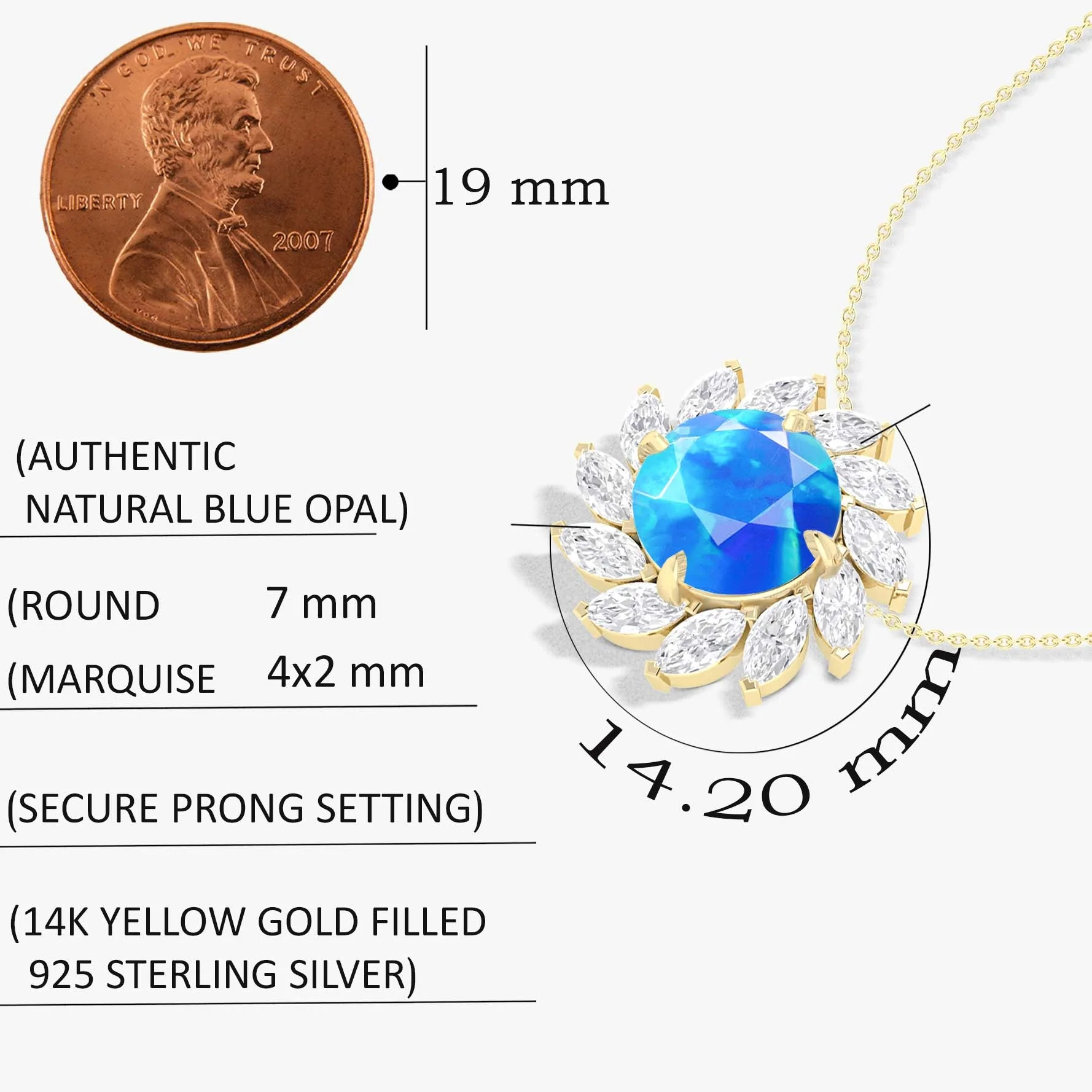 Sunflower Style Charm Pendant Necklace with Natural Blue Opal and White Zircon - Image 5