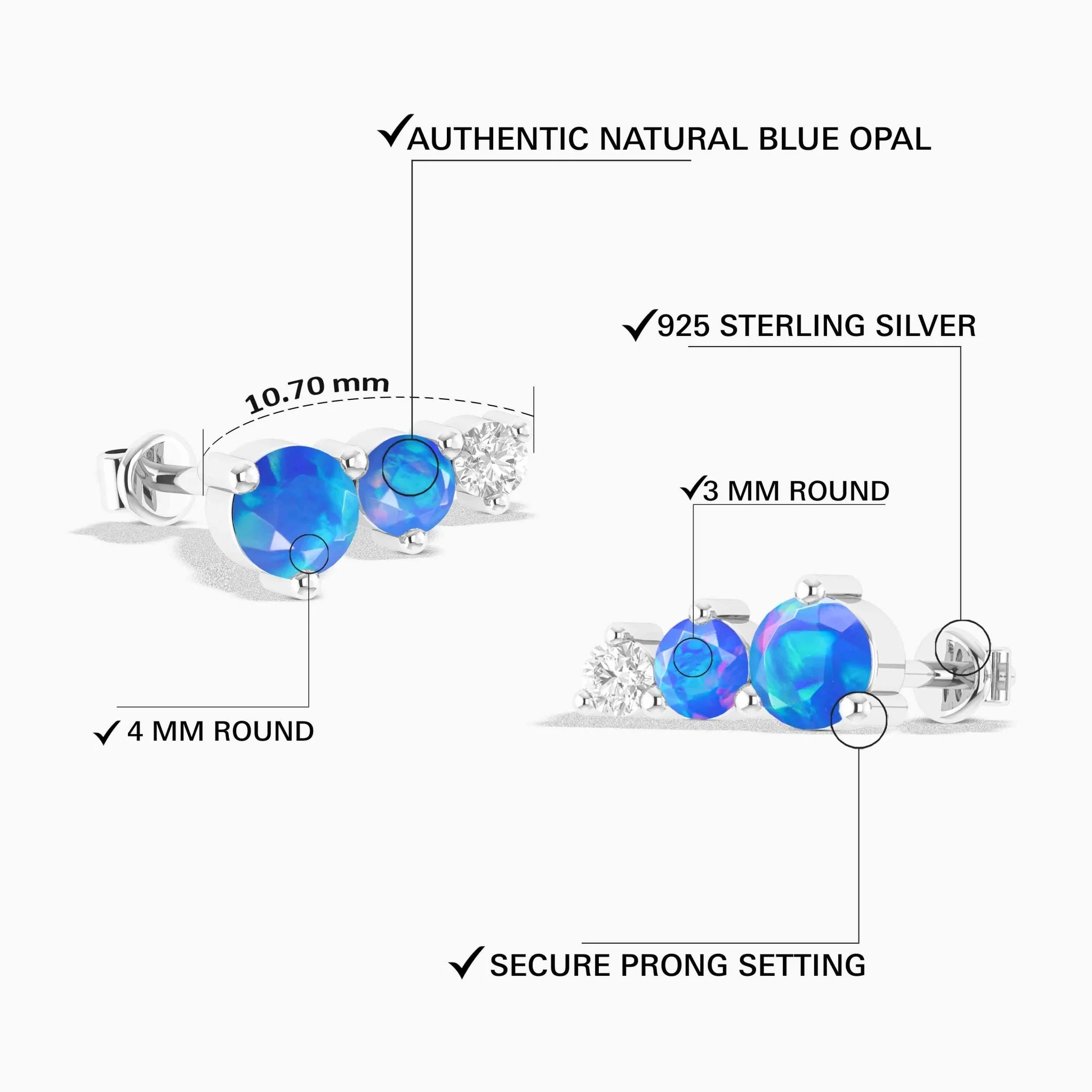 Three Round Blue Opal Stone Stud Earring - Image 3