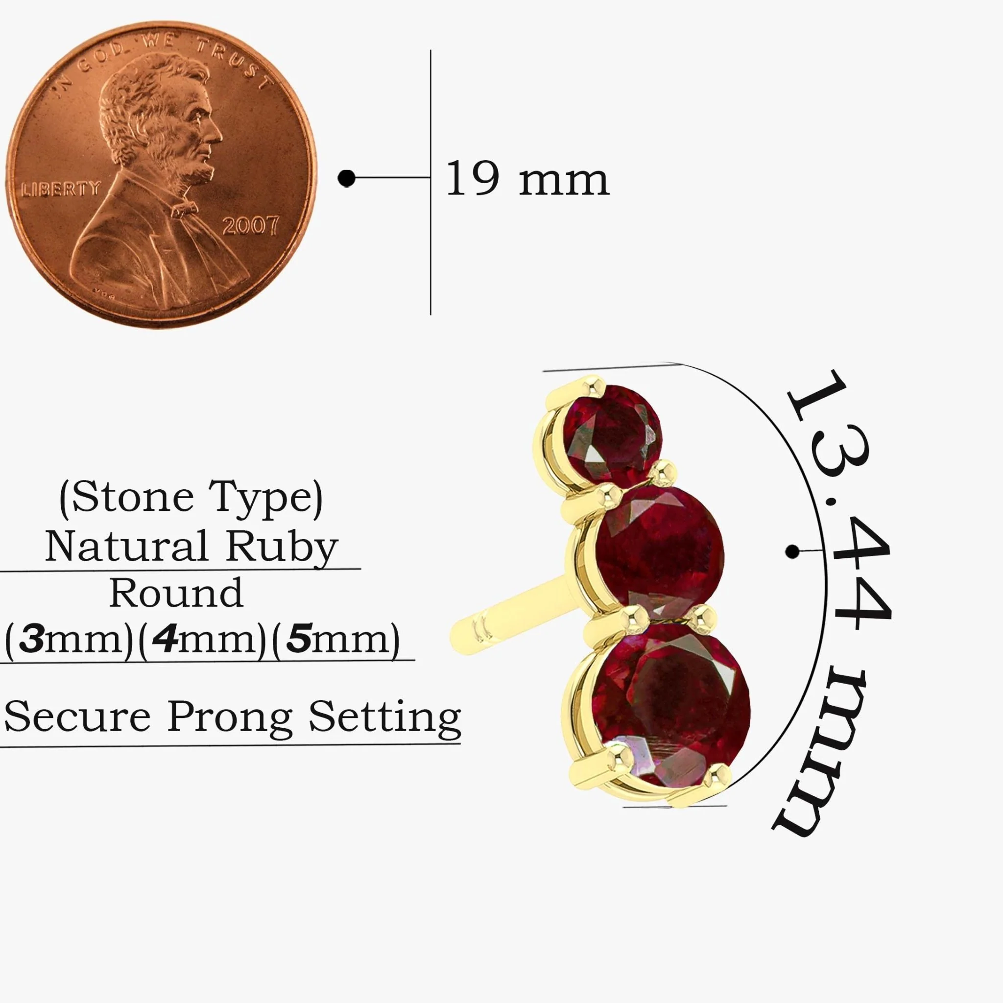 Natural Three Stone Red Ruby Stud Earrings - Image 3