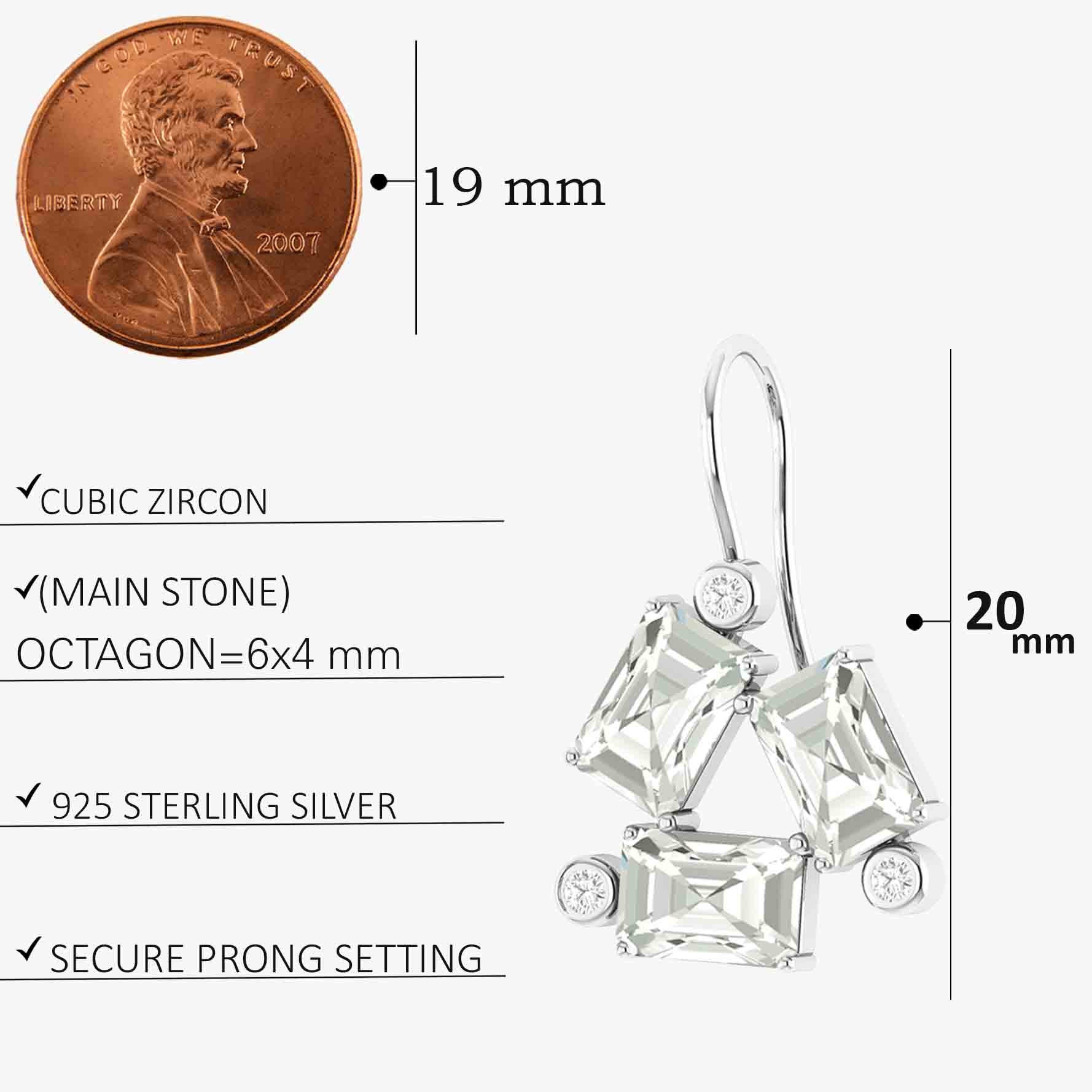 White CZ Octogon Stone Dangle Earrings - Image 5
