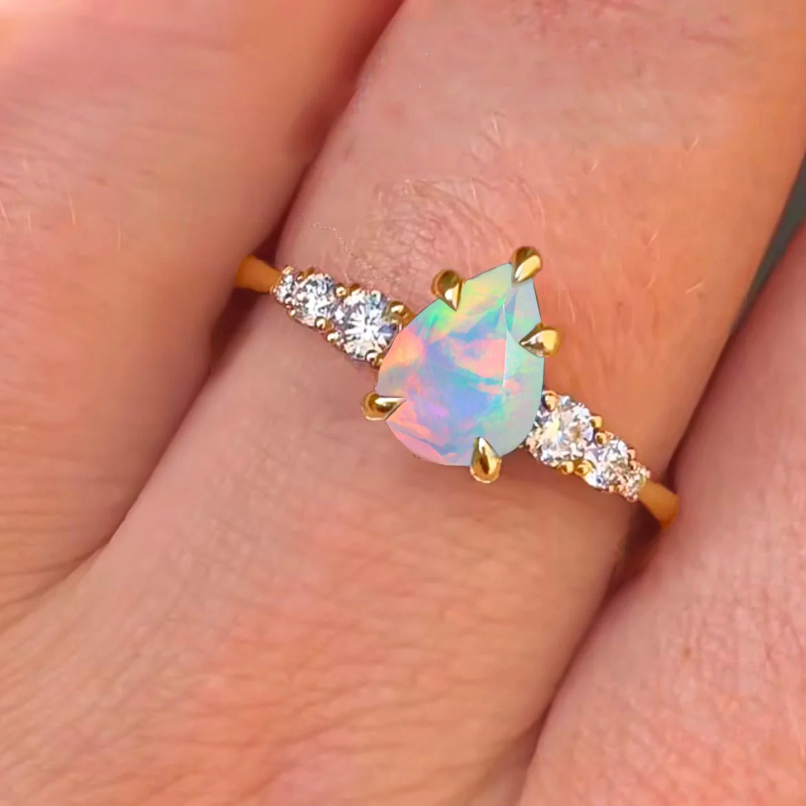 White Natural Ethiopian Opal Faceted Pear Ring - Image 3